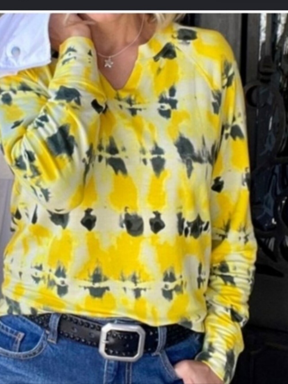 CAbi Yellow & Black Tie-Dye V-Neck Long Sleeve Top